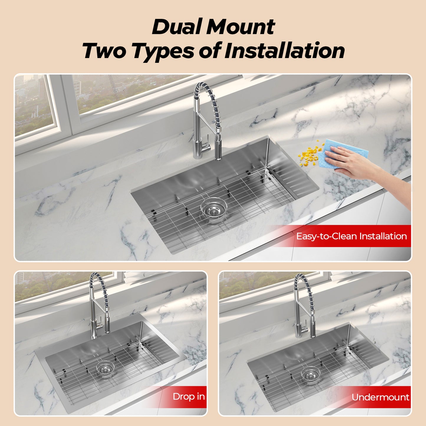 TECASA 33 inch Stainless Steel Kitchen Sink with Silent Operation and Efficient Drainage