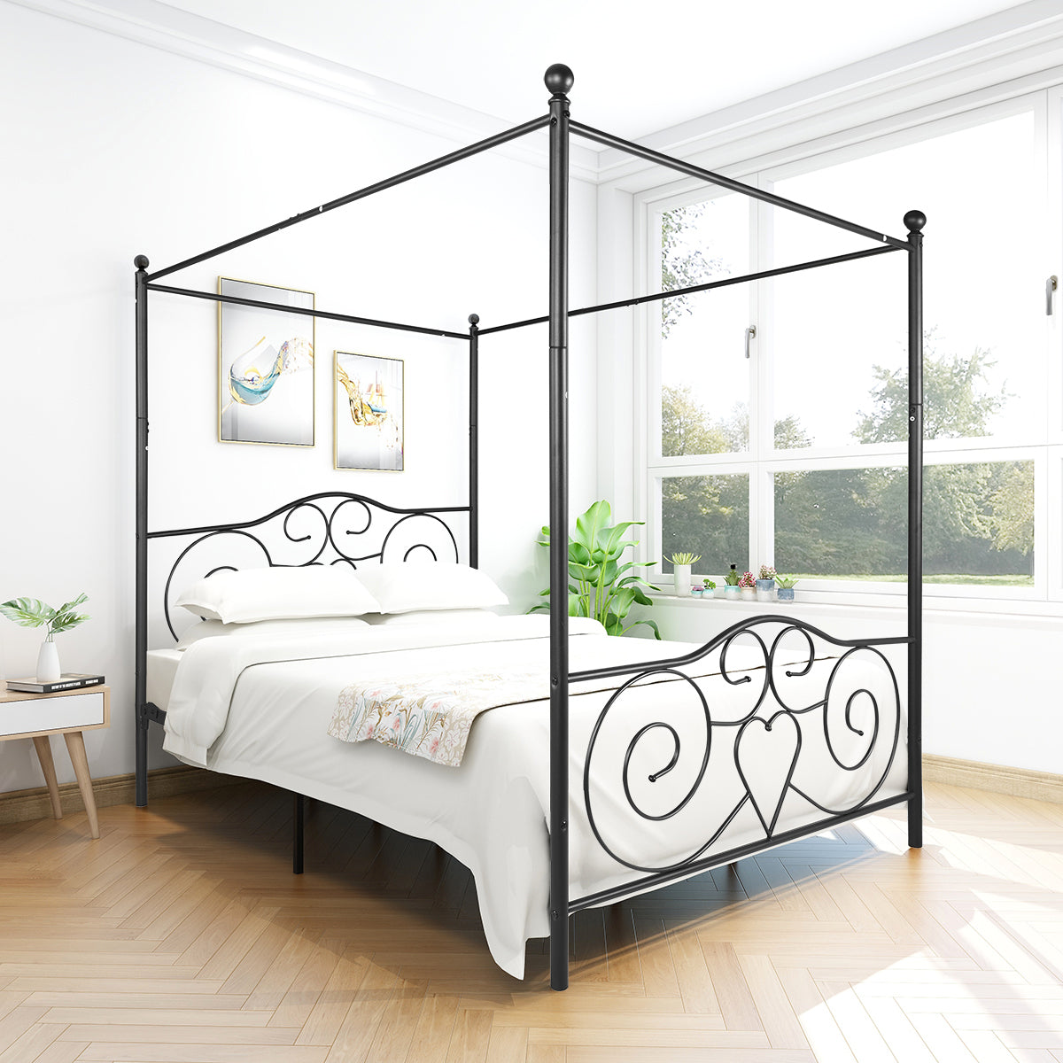 Metal Canopy Bed Frame with Vintage Style Headboard & Footboard , Easy DIY Assembly All Parts Included, Queen Black(same as 748G-BK)