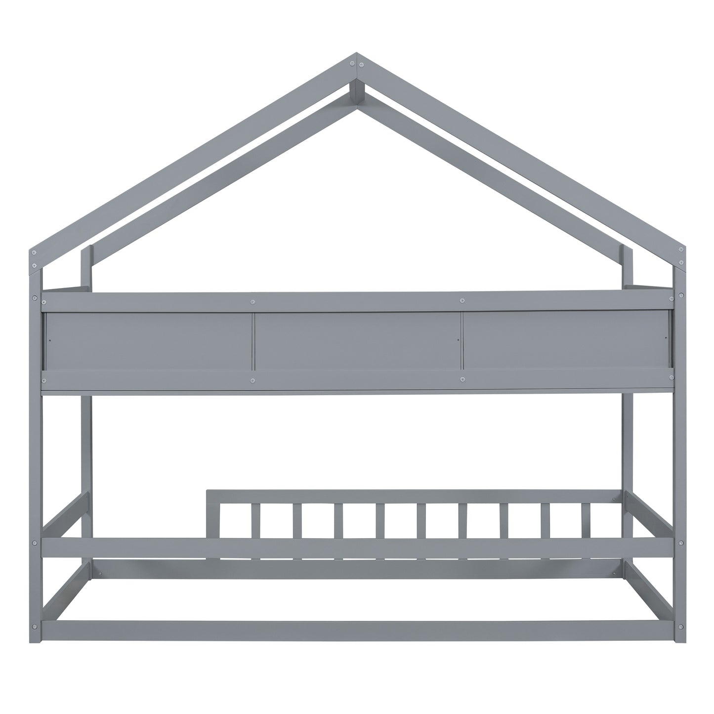 Wooden Twin Size House Bed with Storage Shelf,Kids Bed with Fence and Roof, Gray
