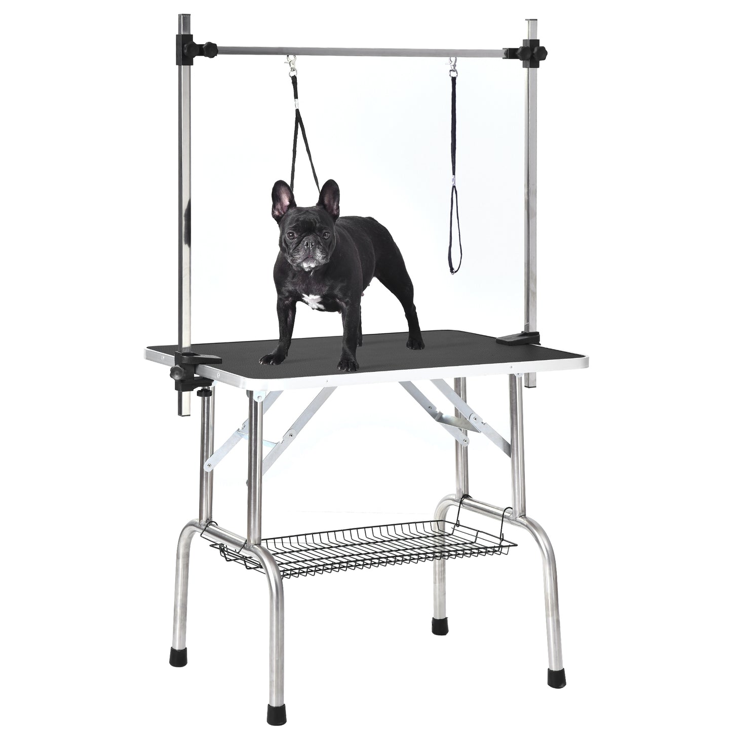 NEW HIGH QUALITY FOLDING PET GROOMING TABLE STAINLESS LEGS AND ARMS BLACK RUBBER TOP STORAGE BASKET