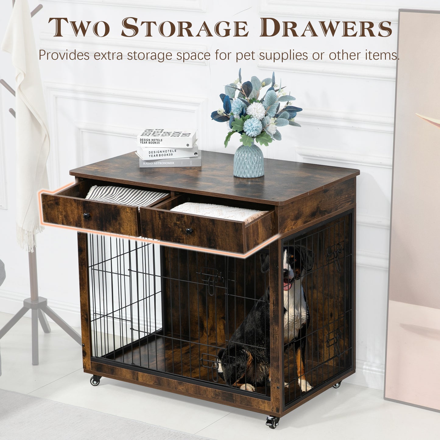 Dog Crate Furniture, Wooden Dog Crate End Table, 38.4 Inch Dog Kennel with 2 Drawers Storage, Heavy Duty Dog Crate, Decorative Pet Crate Dog Cage for Large Indoor Use (Rustic Brown) 38.4" L×23.2" W×35