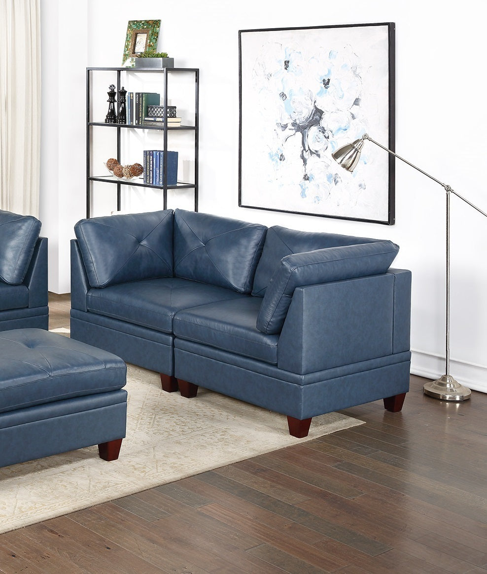 Sumptuous Ink Blue Genuine Leather 6pc Modular Sofa Set with Tufted Details