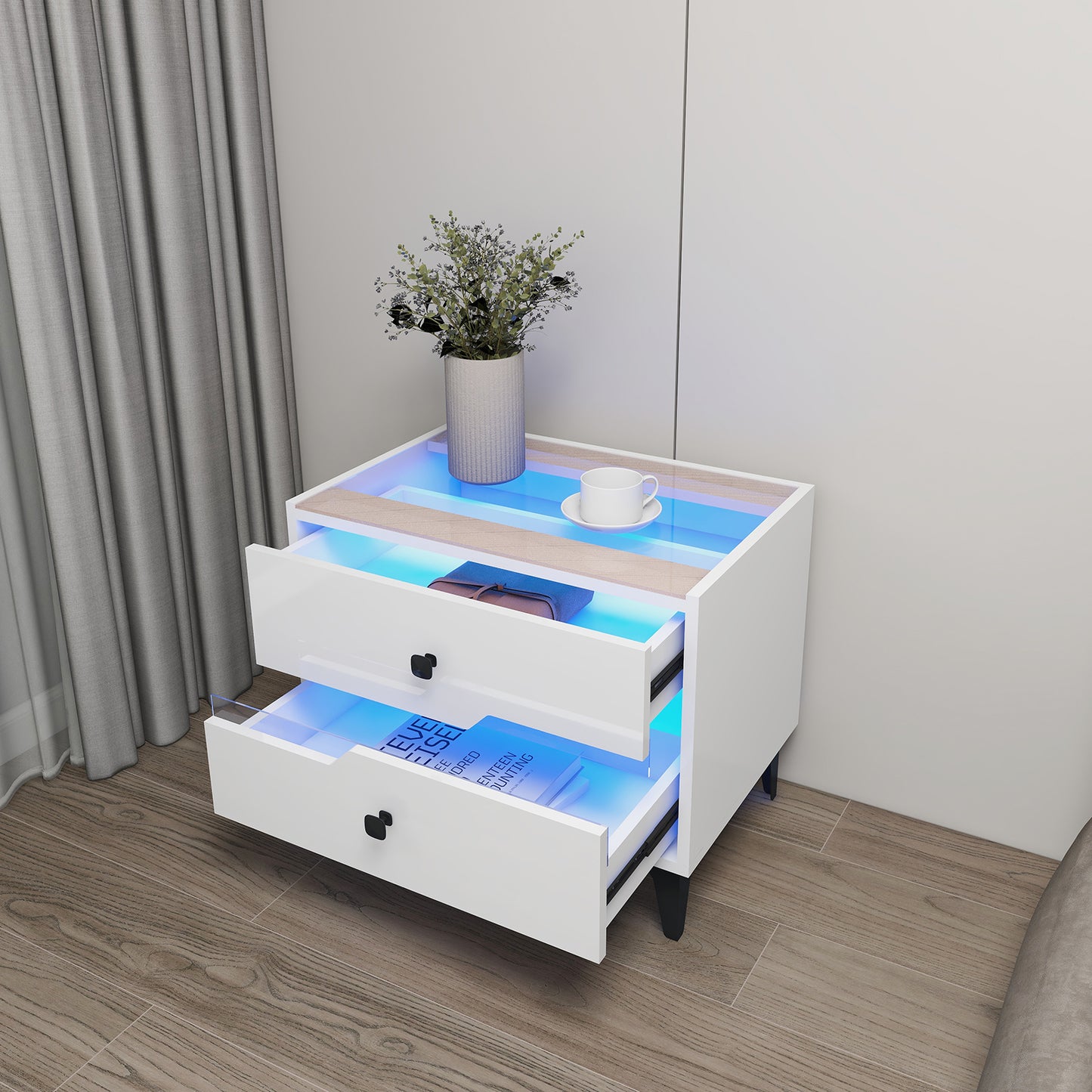 Smart Bedside Table, Nightstand with LED Light Nightstand Modern White High Gloss Bedside Table with 2 Storage Drawers for Bedroom Wooden Smart Side Table End Table with LED Lights (White)