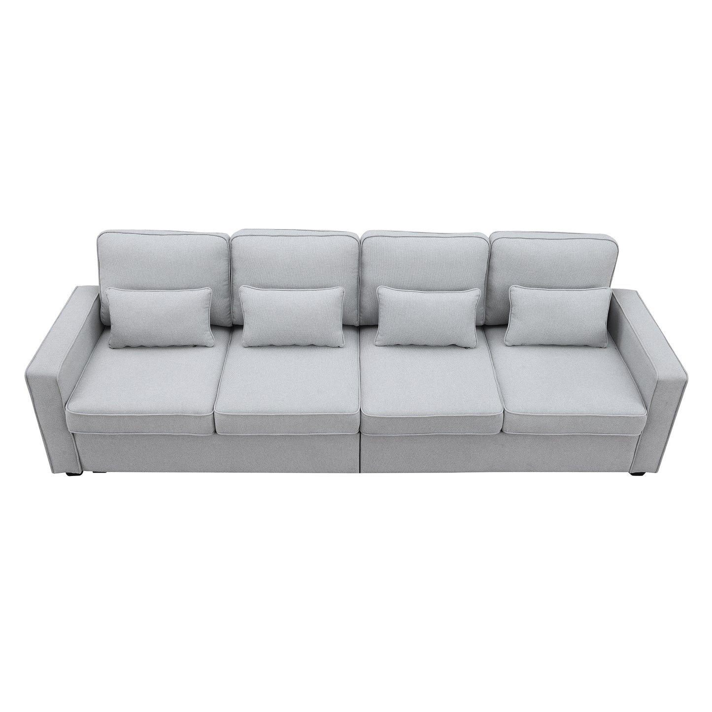 Spacious 4-Seater Linen Fabric Sofa with Armrest Pockets and 4 Pillows