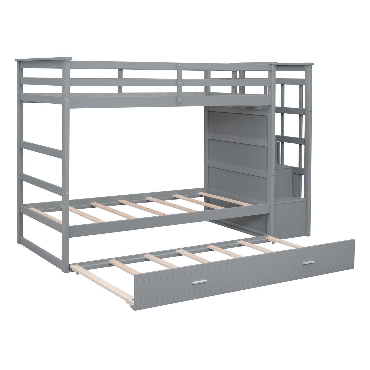 Gray Twin Bunk Bed with Trundle Staircase