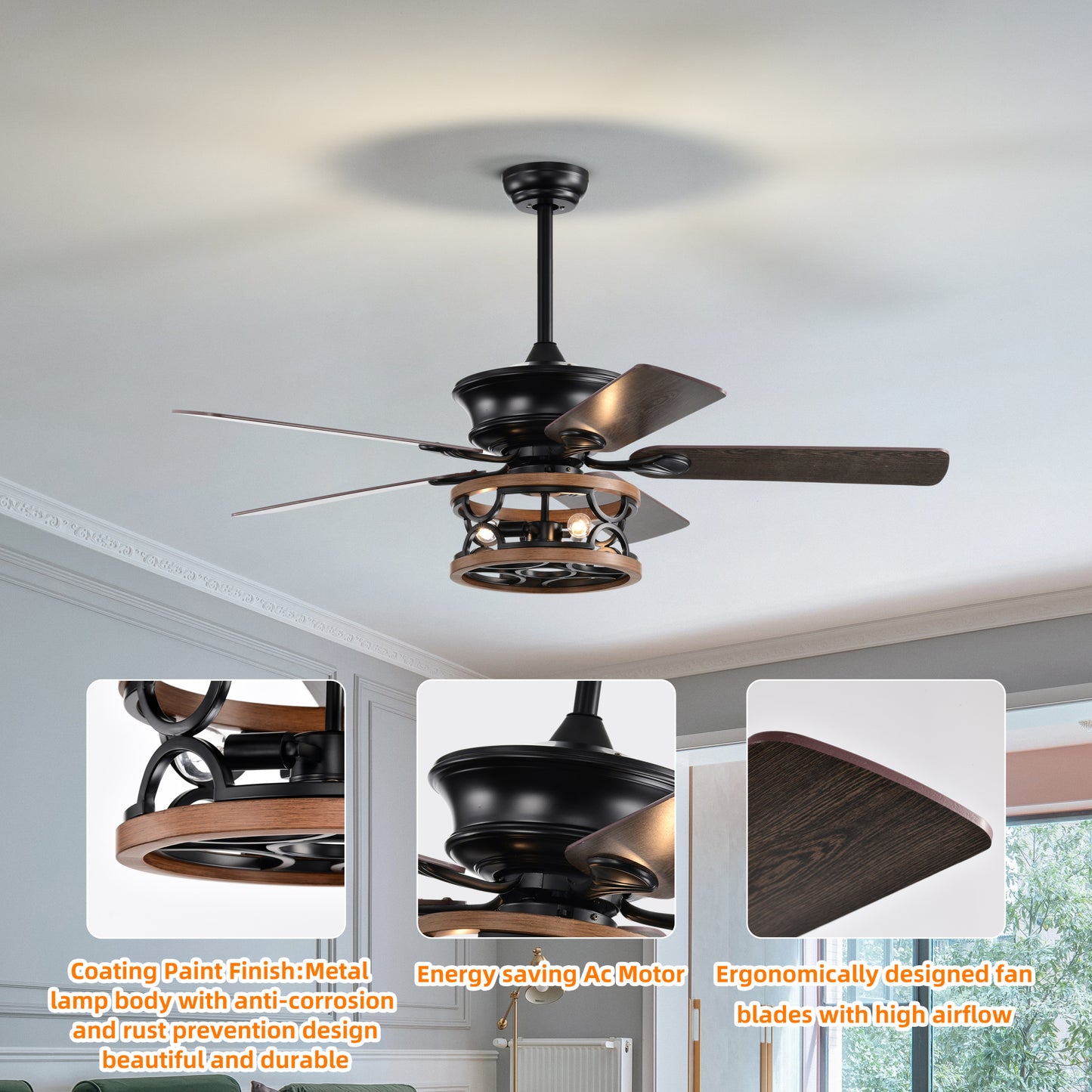 Farmhouse Ceiling Fan with Reversible Airflow, Remote Control, and Caged Light Fixture