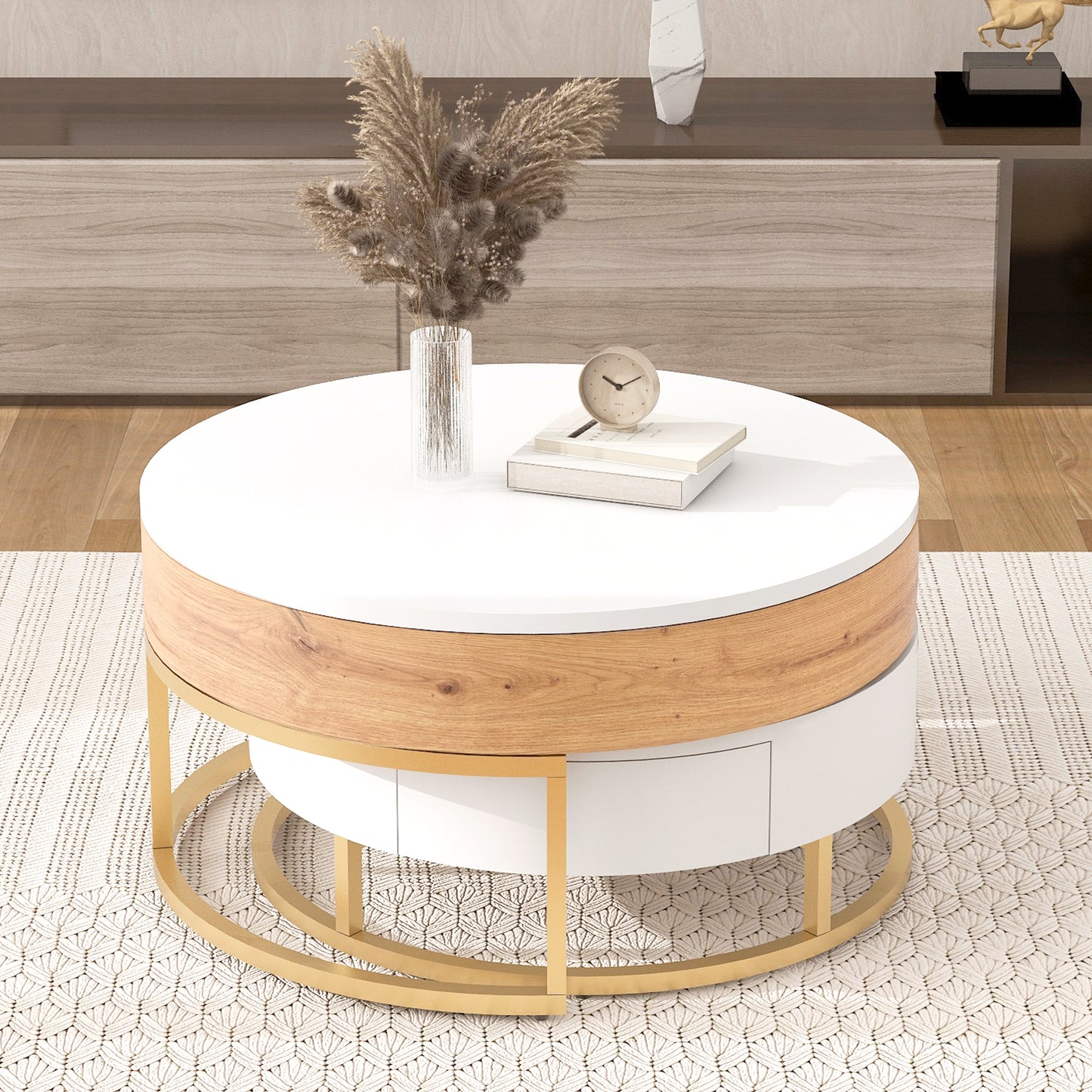 Elegant Lift-Top Coffee Tables Set with Drawers - White & Natural