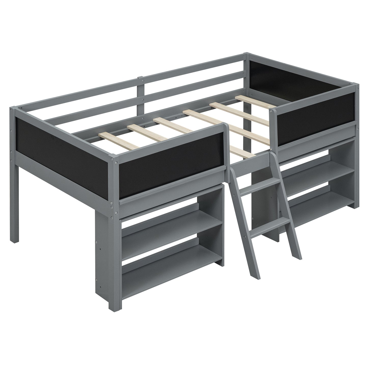 Twin Size Low Loft Bed with Two Movable Shelves and Ladder,with Decorative Guardrail Chalkboard,Gray(: WF283286AAE)