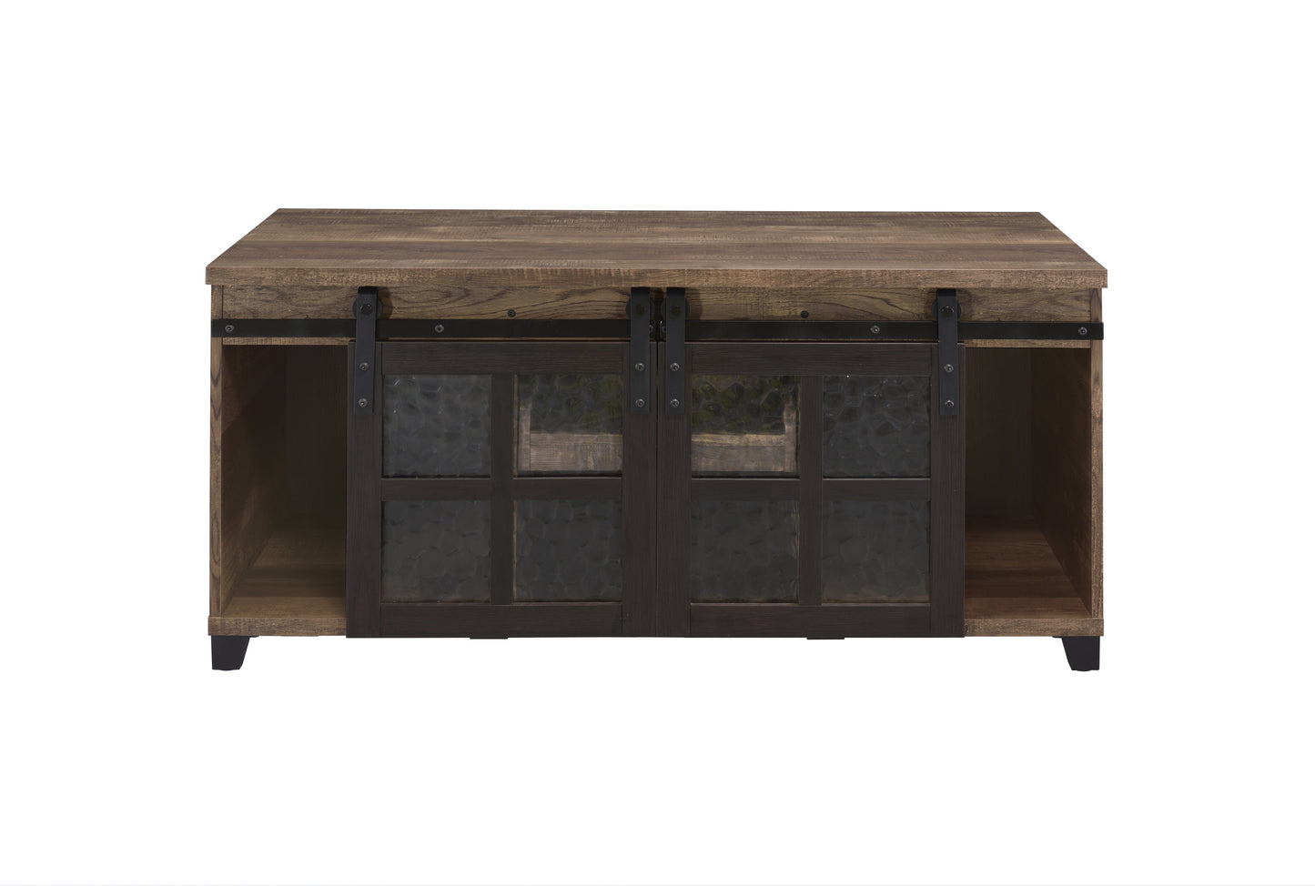 Rustic Oak Coffee Table with Obscure Glass and Black Metal Accent