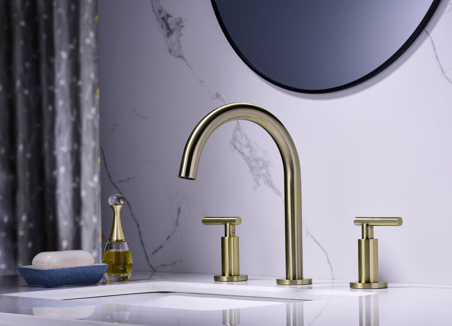 Gold High Arc 3-Hole Widespread Bathroom Sink Faucet with Rotatable Spout