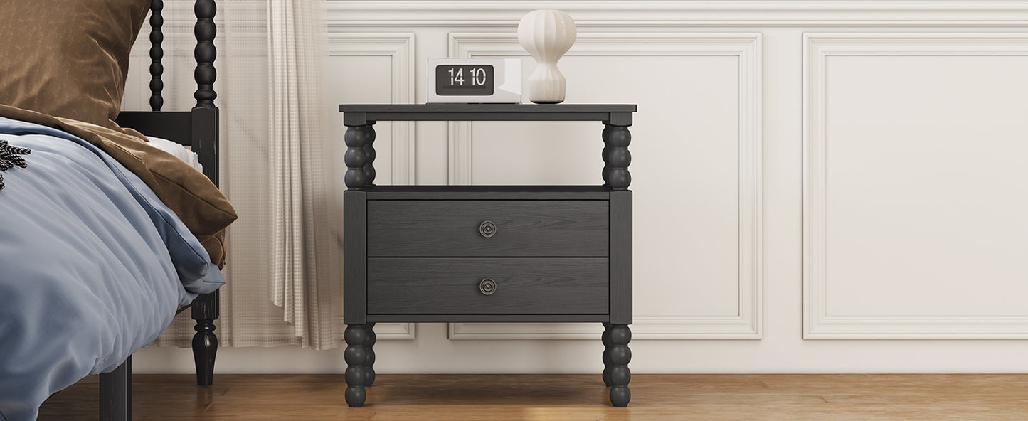 Gourd Shaped Leg 2 Drawer Nightstand, Antique Black