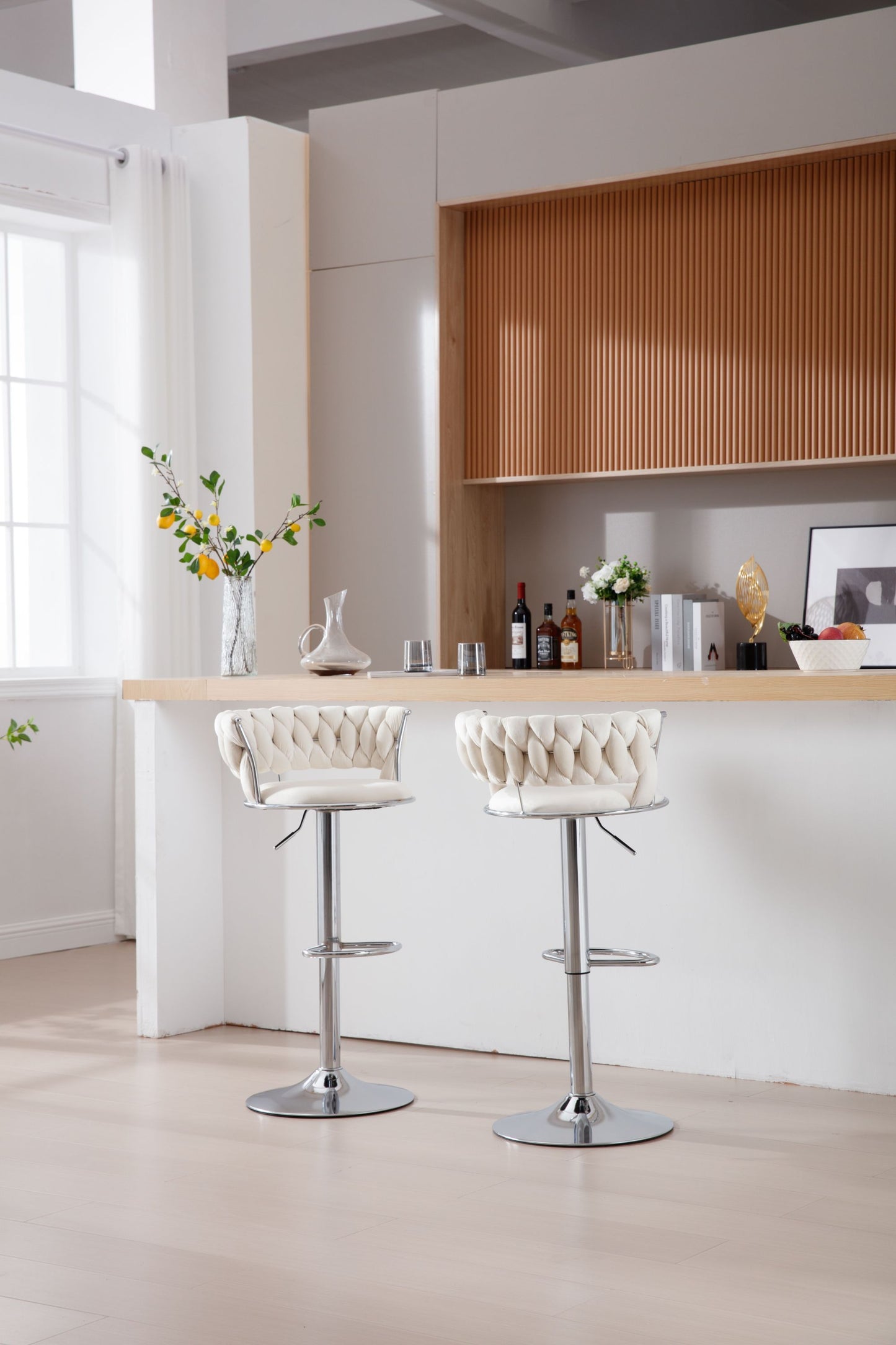 Set of 2  Bar Stools,with Chrome Footrest and Base Swivel Height Adjustable Mechanical Lifting Velvet + Bar Stool-BEIGE