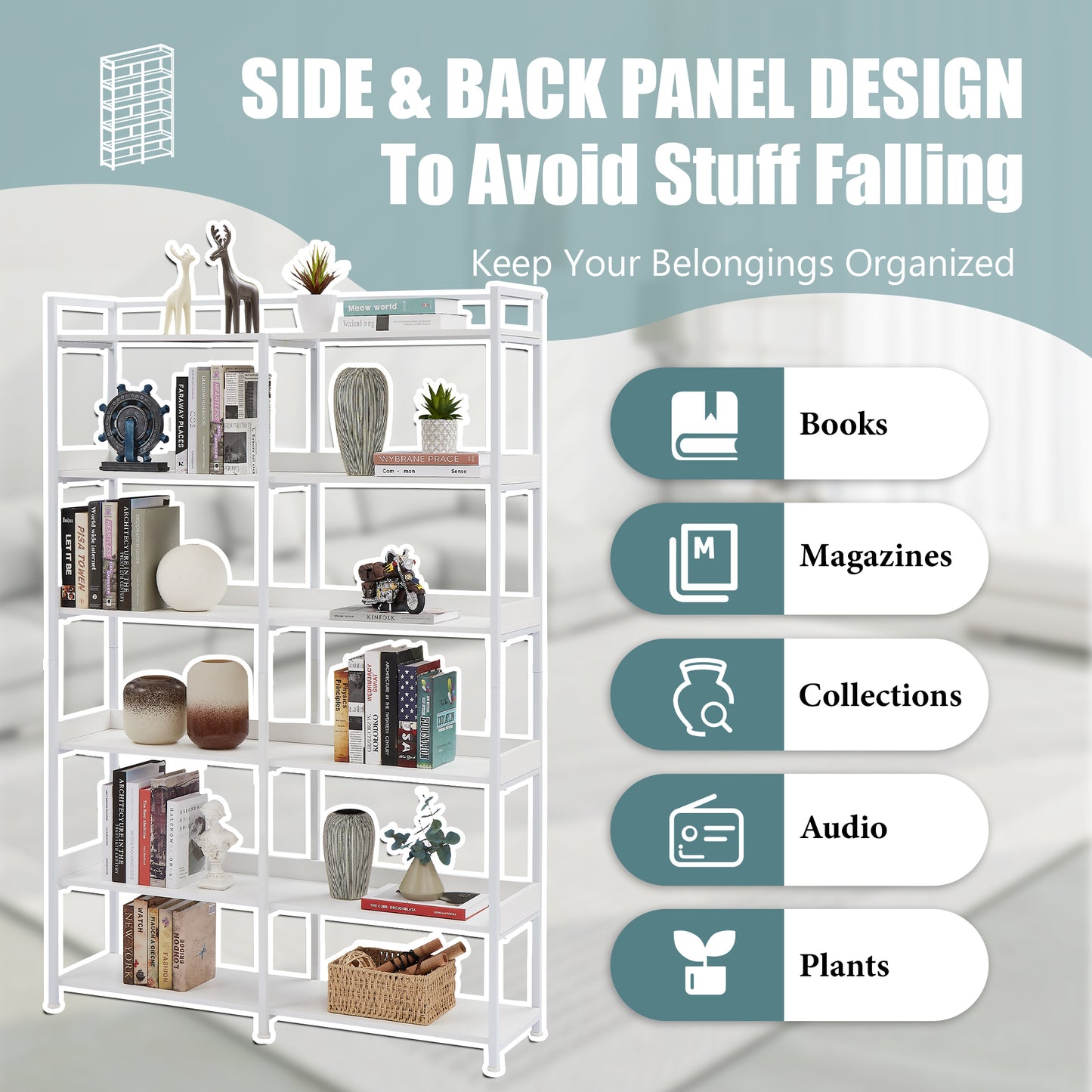 70.8 Inch Tall Bookshelf MDF Boards Stainless Steel Frame, 6-tier Shelves with Back&Side Panel, Adjustable Foot Pads, White