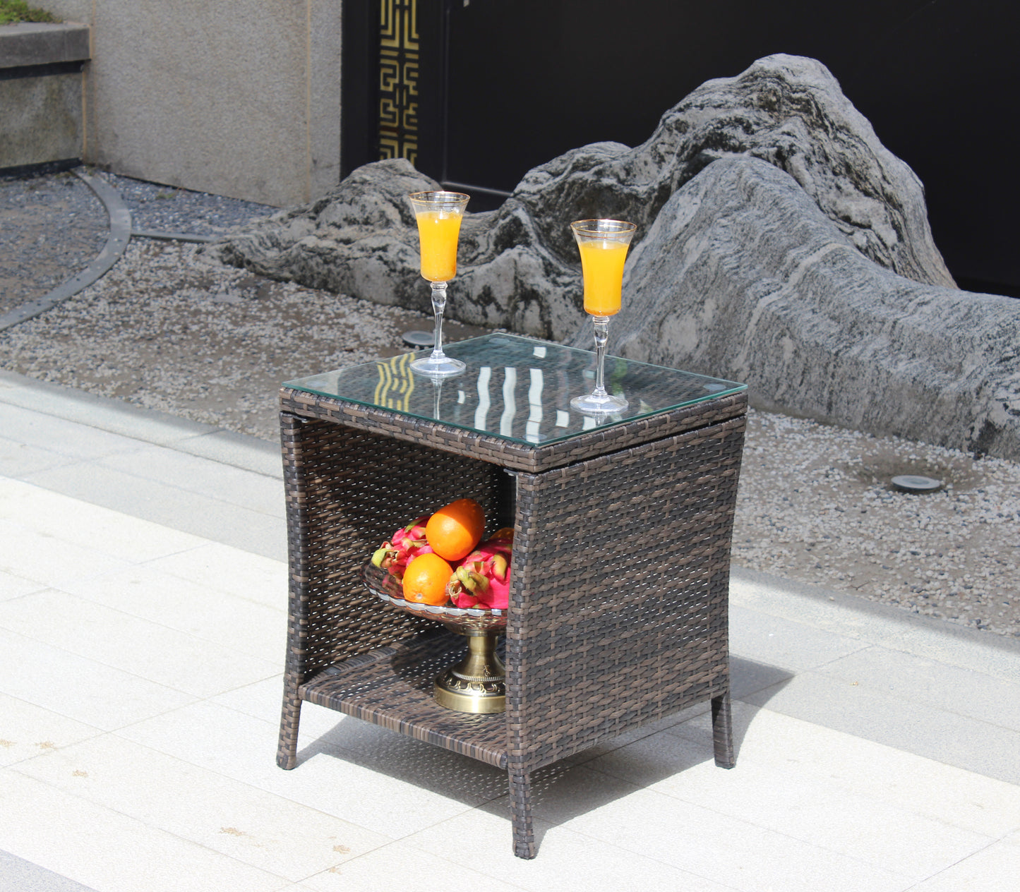 Elegant Outdoor Rattan Coffee Table with Tempered Glass Top