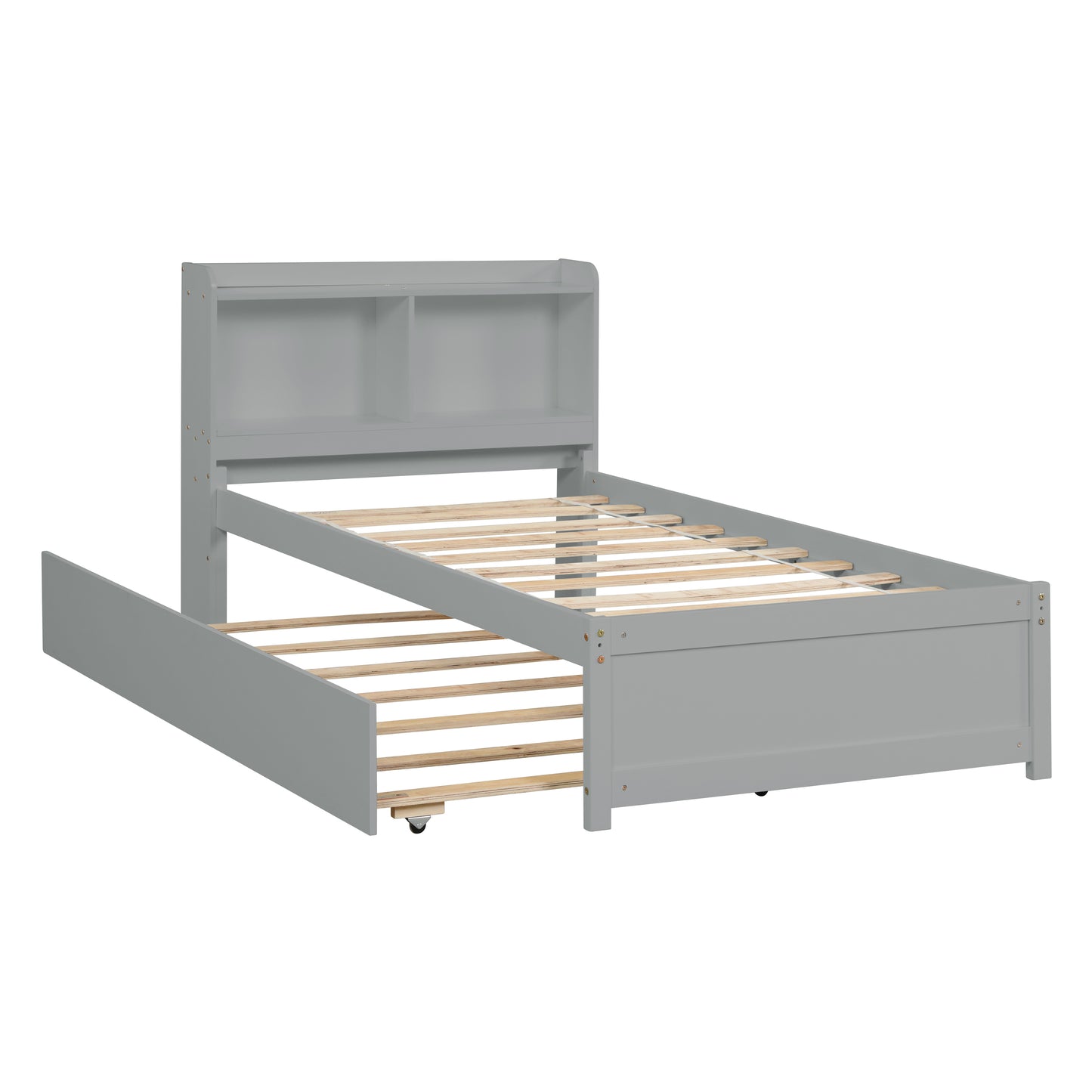 Twin Bed with Trundle,Bookcase,Grey