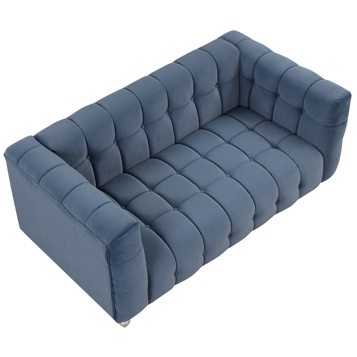 63 Modern Blue Upholstered Sofa with Tufted Backrest and Solid Wood Legs