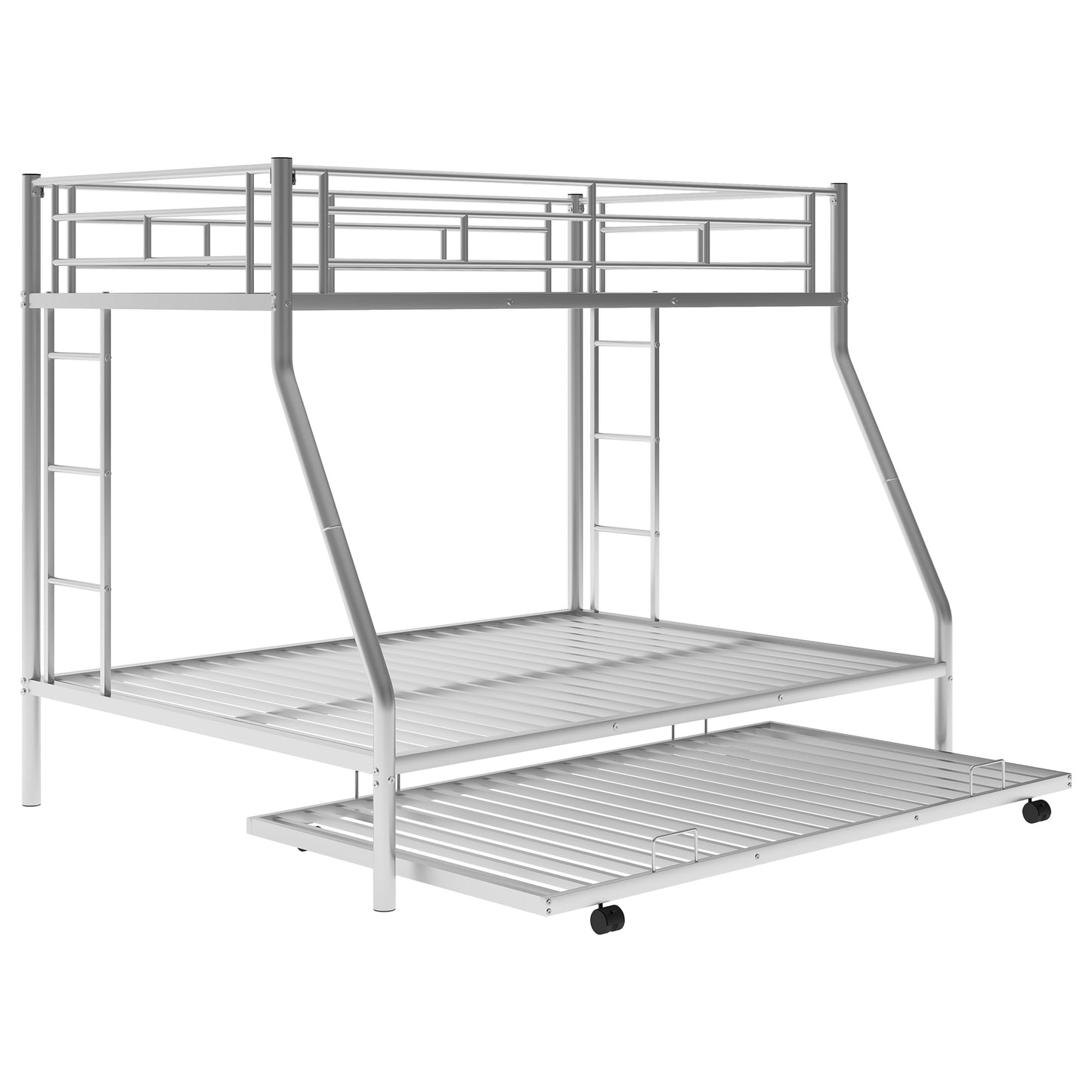 Silver Steel Bunk Bed Set with Twin Trundle and Two-Side Ladders