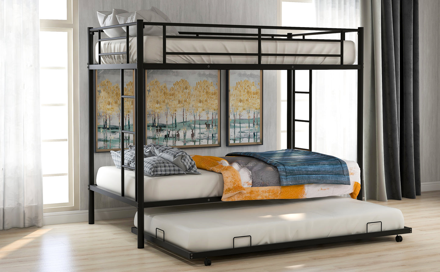 Twin Bunk Bed with Trundle - Space-Saving Black Design