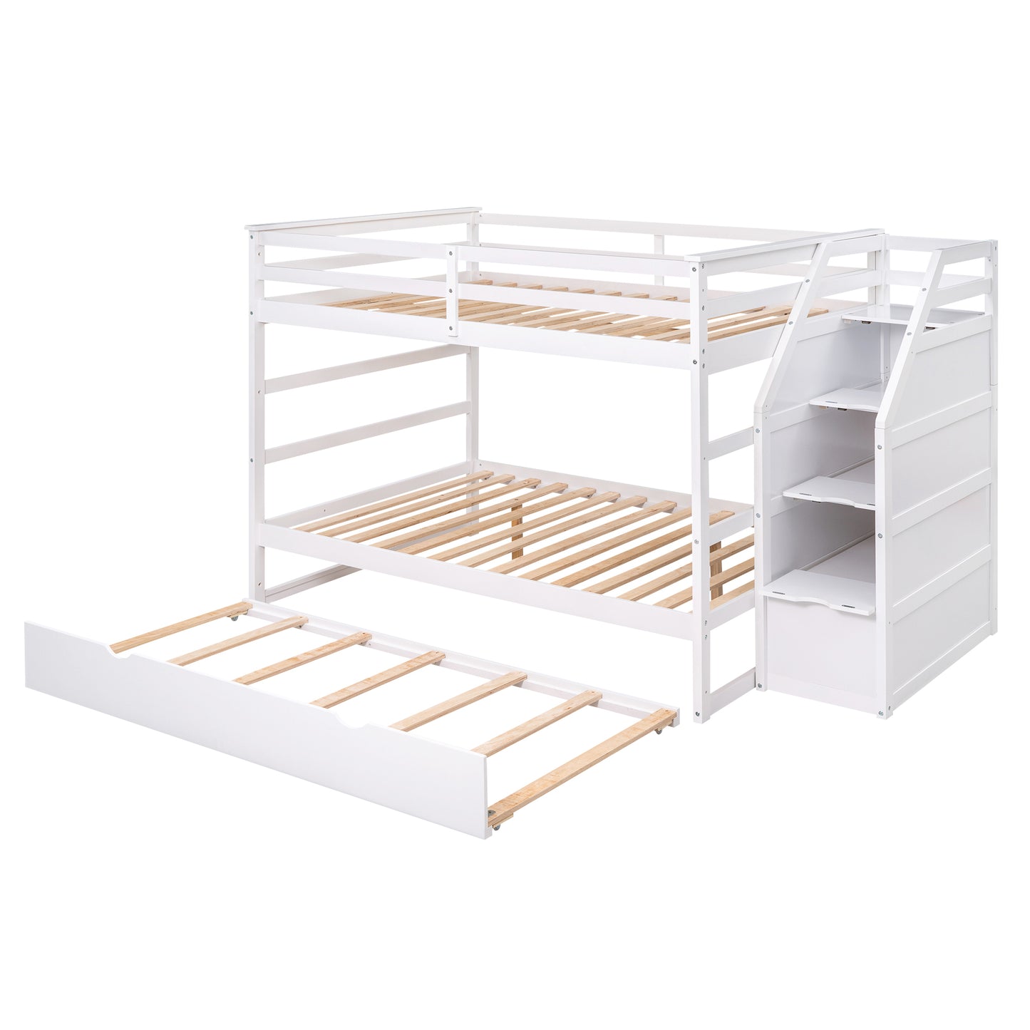 Elegant Full Bunk Bed with Trundle and Storage Stairs, White