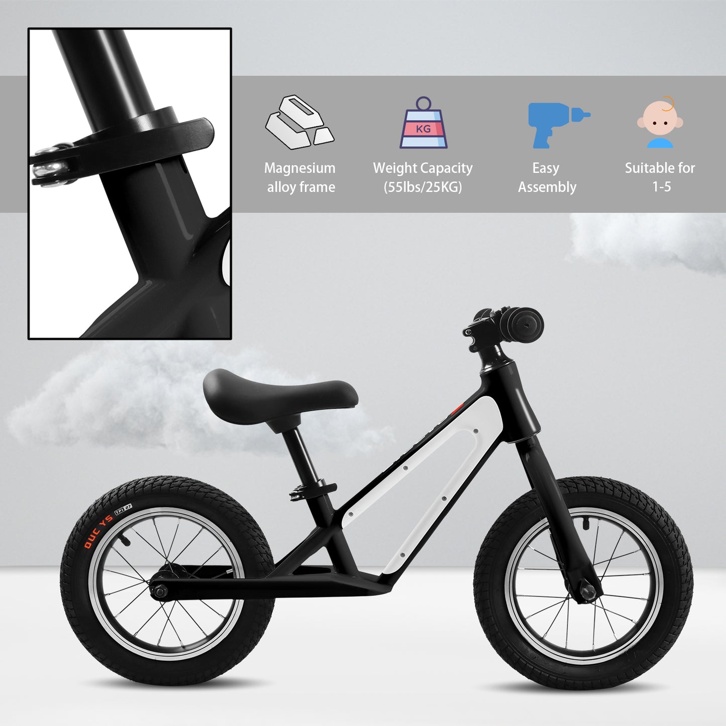 Adjustable Seat Balance Bike with Magnesium Alloy Frame for Kids Ages 1-5