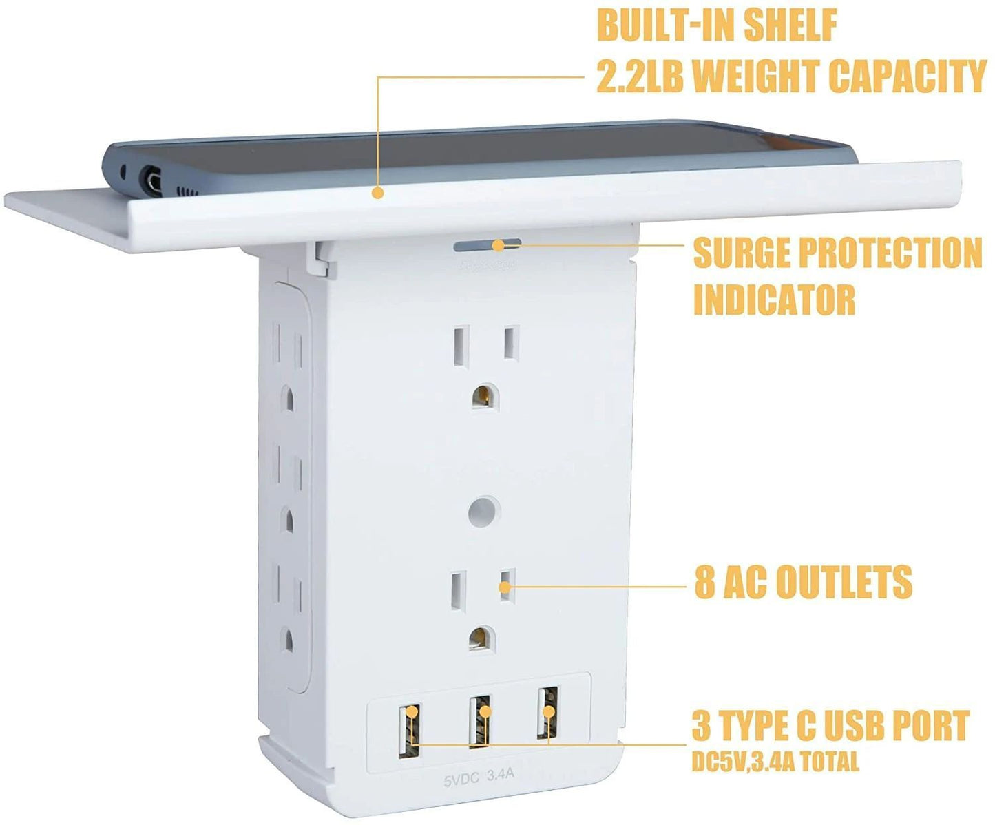 Set of 2 Wall Outlet Extender Surge Protector Multifunctional Outlet Wall Plug with 3 USB Ports(3.4A Total), 8 AC Outlets, Removable Outlet Shelf