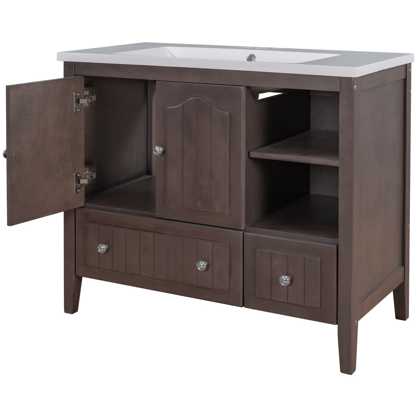 36" Bathroom Vanity with Ceramic Basin, Bathroom Storage Cabinet with Two Doors and Drawers, Solid Frame, Metal Handles, Brown