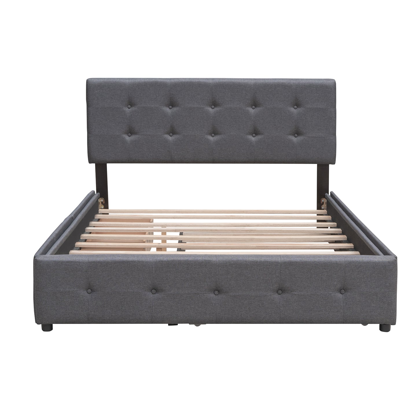 Upholstered Platform Bed with 2 Drawers and 1 Twin XL Trundle,  Linen Fabric, Queen Size - Dark Gray