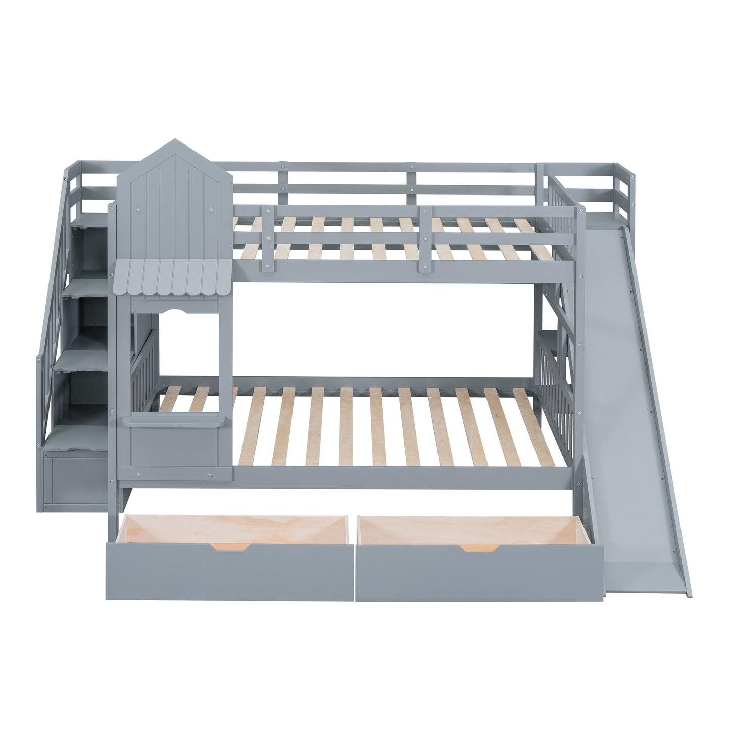 Castle Loft Bunk Bed with Slide, Drawers, and Shelves - Gray: Magical Castle Style Loft Bed with Slide, Drawers, and Shelves