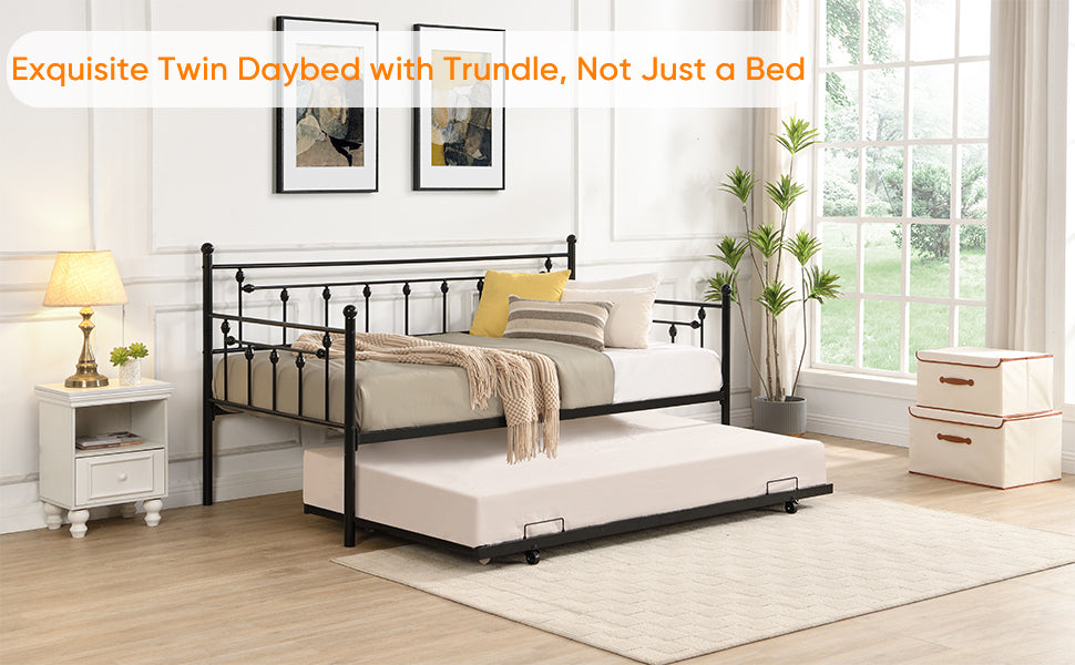 Twin Size Metal Daybed with Pull Out Trundle, Modern 2 in 1 Sofa Bed Frame for Kids Teens Adults,Single Daybed Sofa Bed Frame for Bedroom Living Room Guest Room,No Box Spring Needed