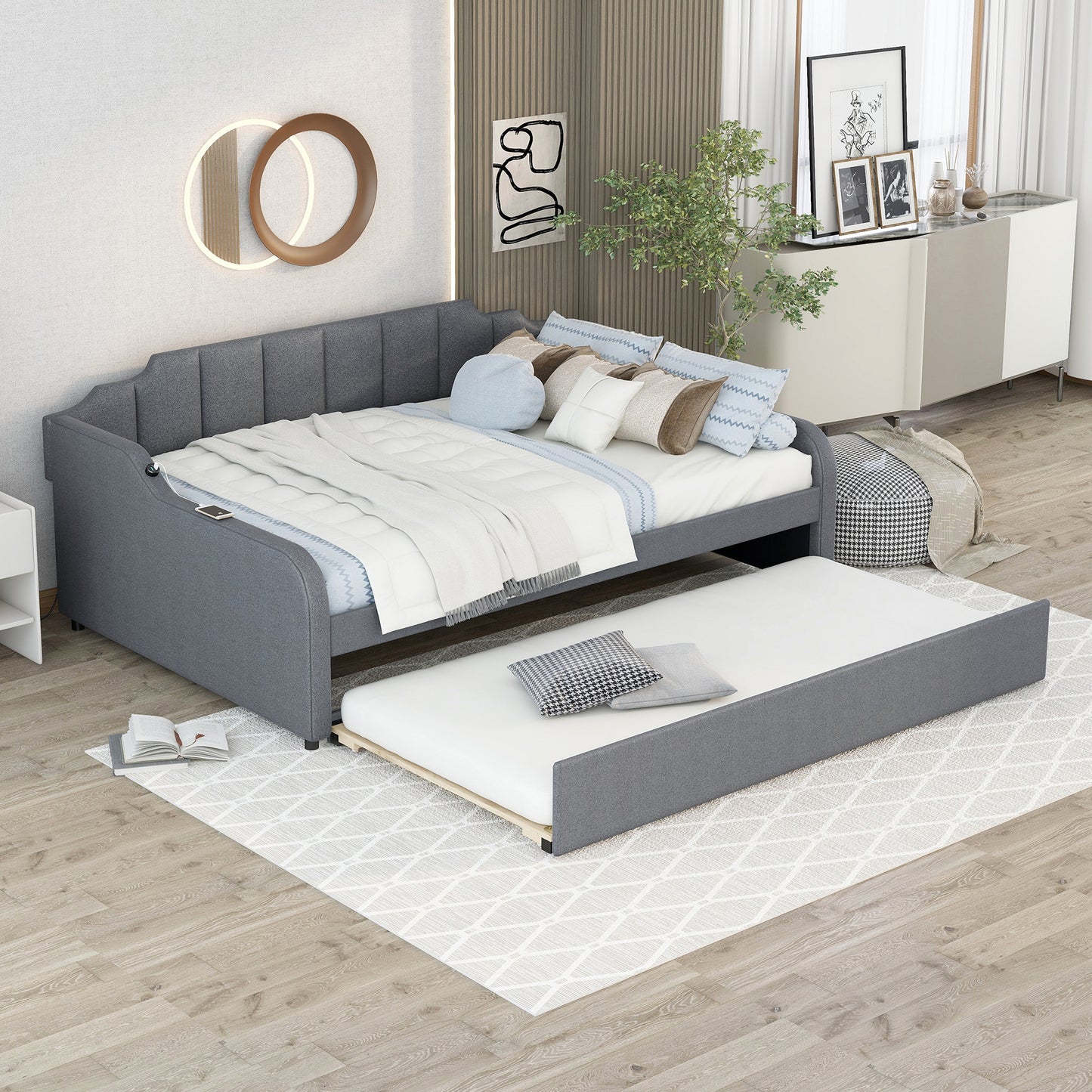 Full Size Upholstery Daybed with Trundle and USB Charging Design,Trundle can be flat or erected,Gray