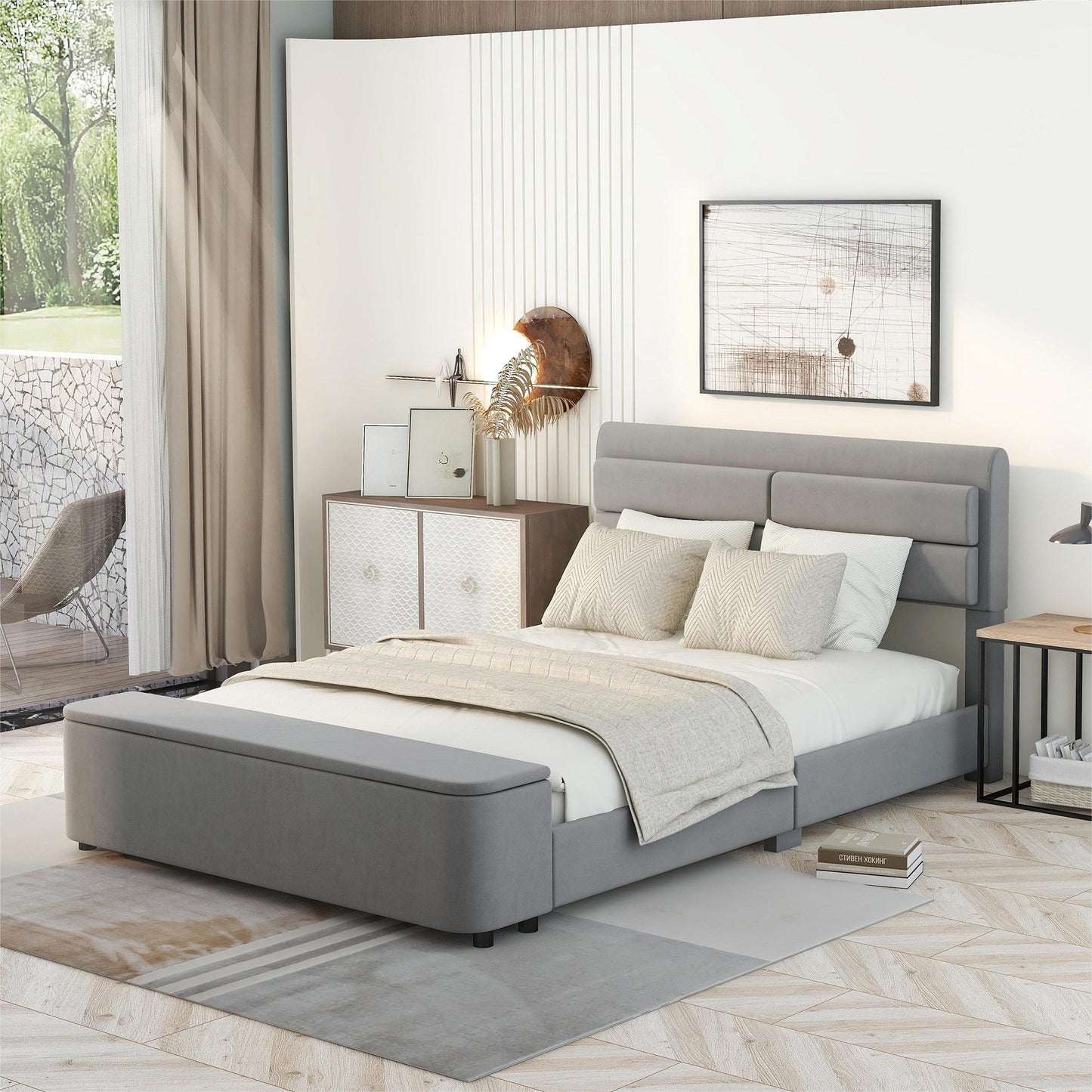 Full Size Upholstery Platform Bed with Storage Headboard and Footboard,Support Legs,Grey