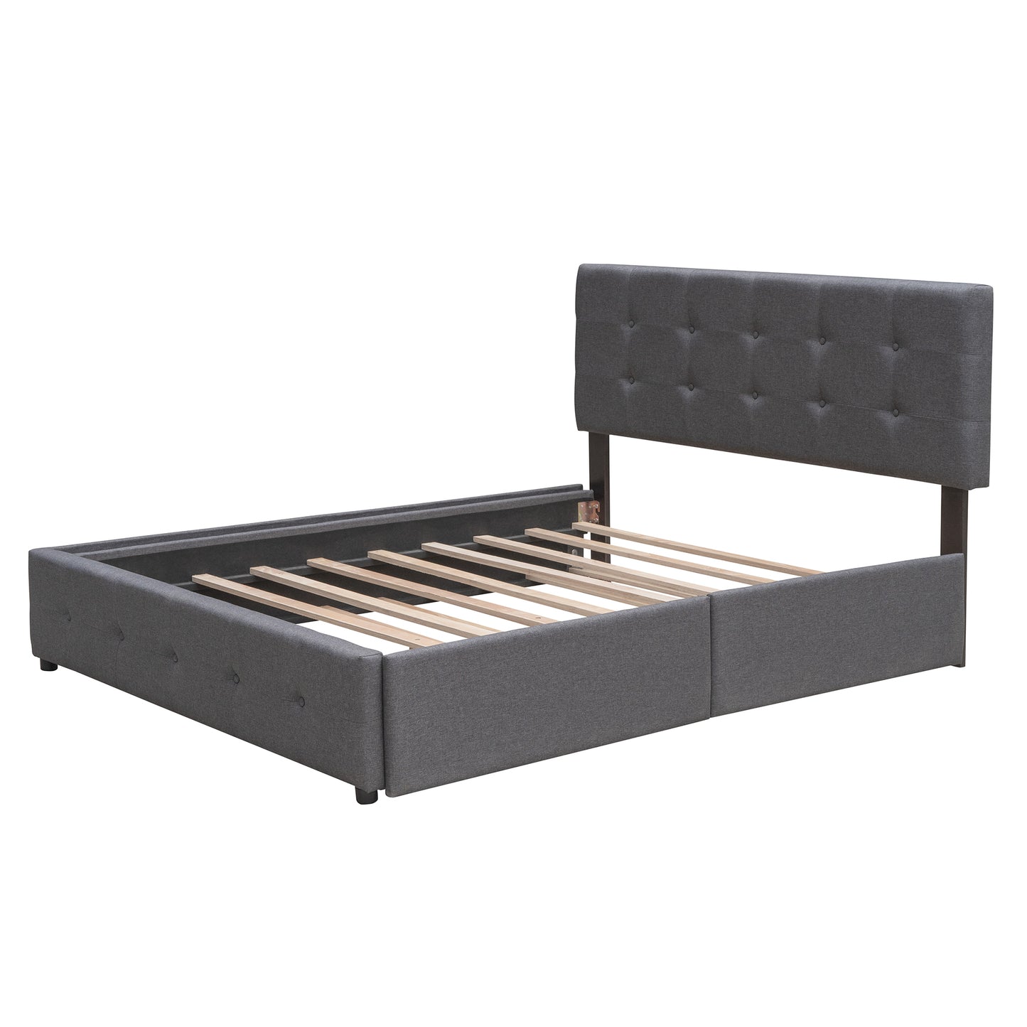 Upholstered Platform Bed with 2 Drawers and 1 Twin XL Trundle,  Linen Fabric, Queen Size - Dark Gray