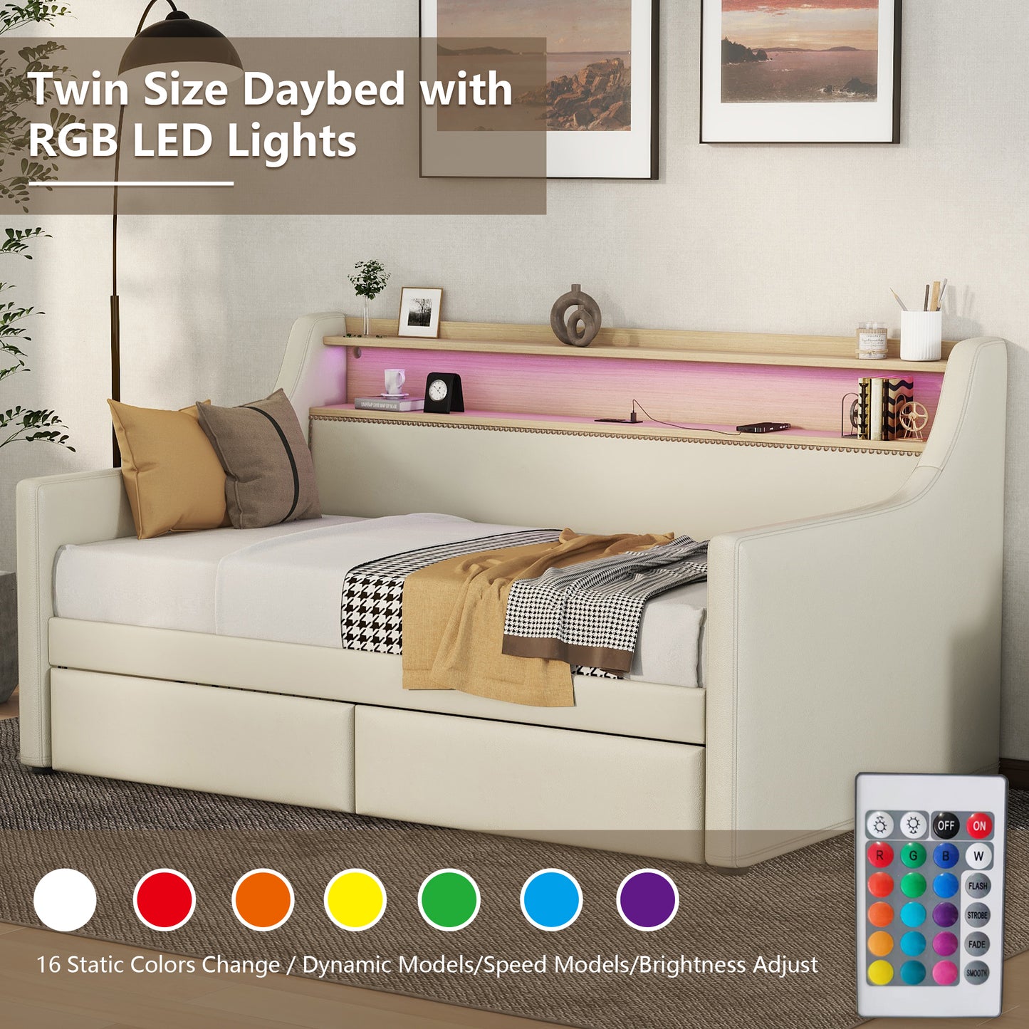 Twin Size Daybed with Storage Drawers, Upholstered Daybed with Charging Station and LED Lights, Beige (Expect arrive date: December 30th.)