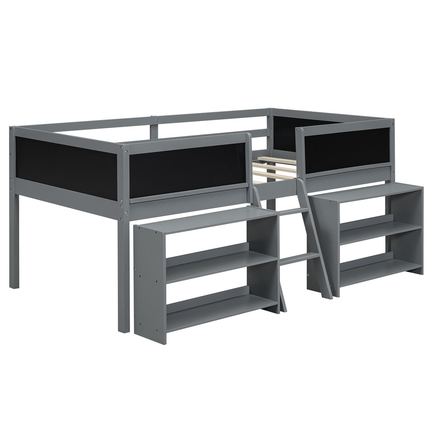 Twin Size Low Loft Bed with Two Movable Shelves and Ladder,with Decorative Guardrail Chalkboard,Gray(: WF283286AAE)