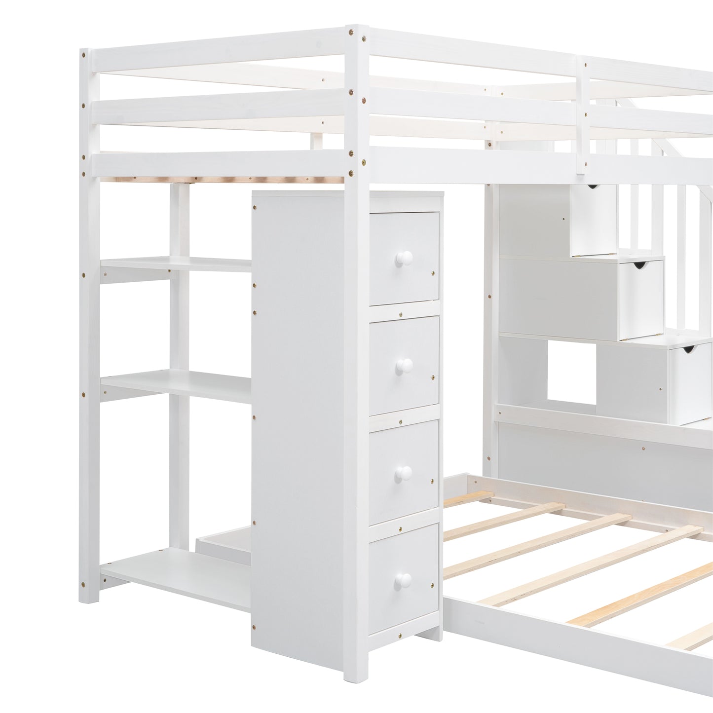 White Twin Over Full Bunk Bed with Storage Stairs & Drawers for Space-Saving Solution