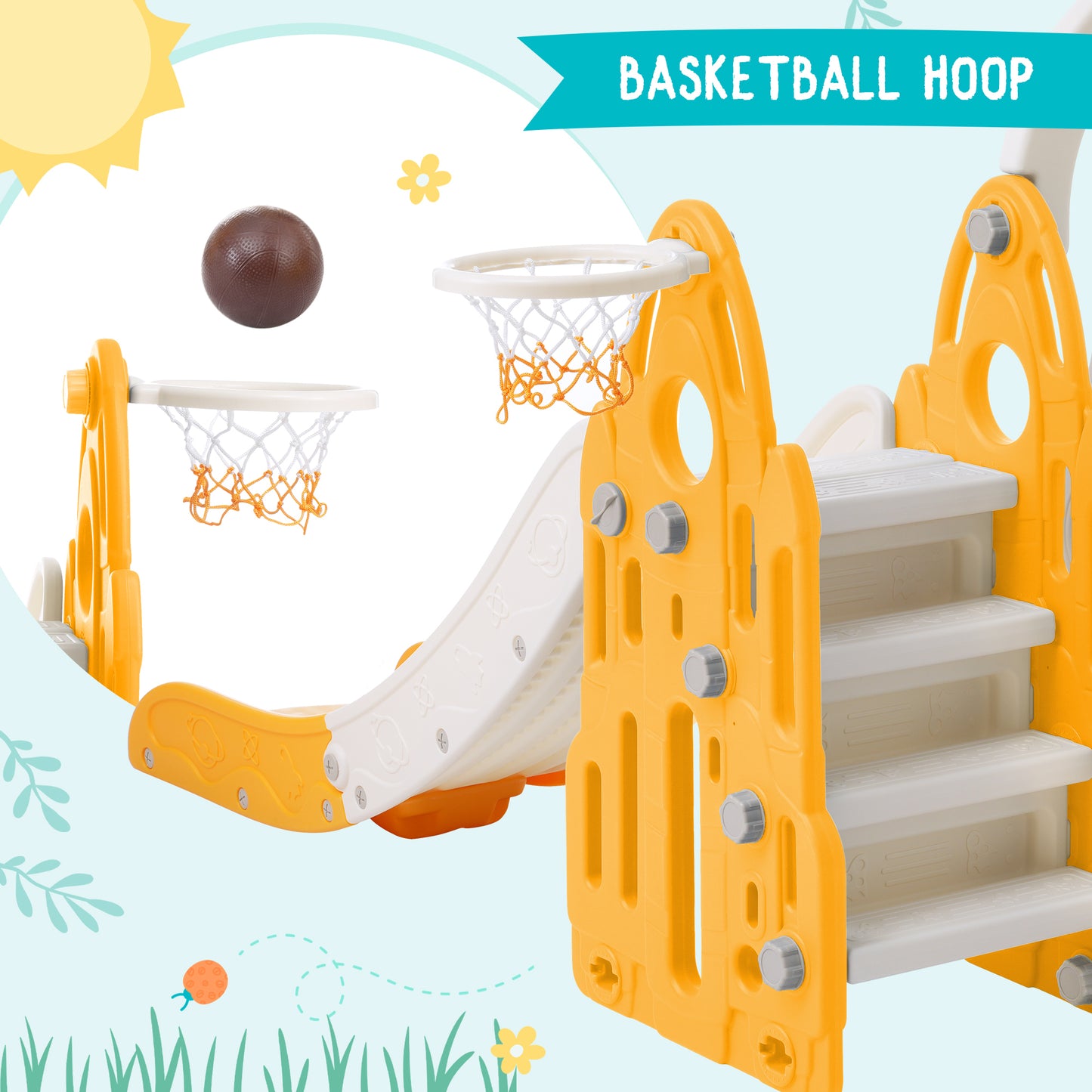 4 in 1 Toddler Playground Climber Slide and Swing Set with Basketball Hoop