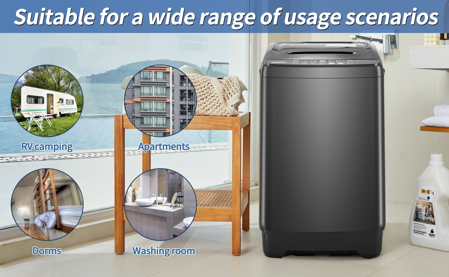 Compact home automatic washer, 17.6 lbs. of laundry, 8 water levels/10 programs for apartments, college dorms, RVs, camping and other places where space is limited