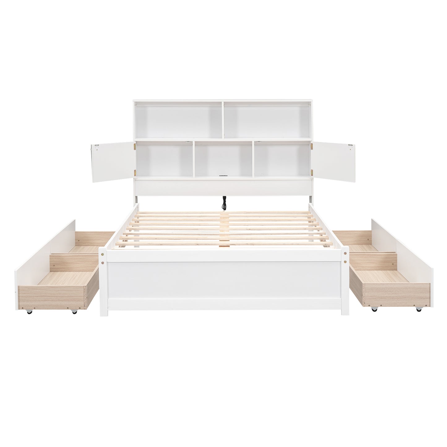 Full Size Platform Bed with Storage Headboard, Charging Station and 4 Drawers, White