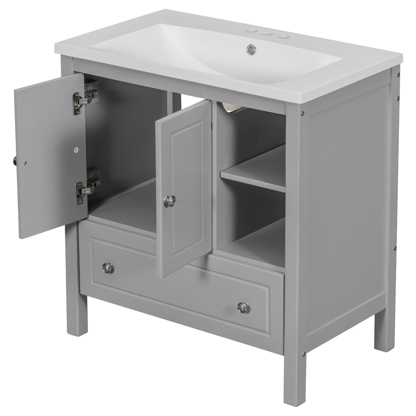 30" Bathroom Vanity with Sink, Bathroom Storage Cabinet with Doors and Drawers, Solid Wood Frame, Ceramic Sink, Grey