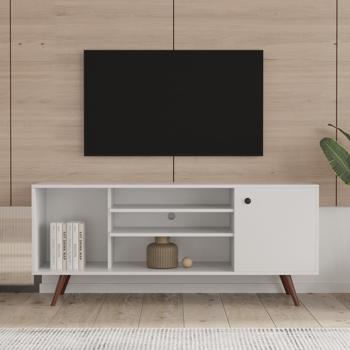 Modern White TV Stand with Ample Storage and Sturdy Frame