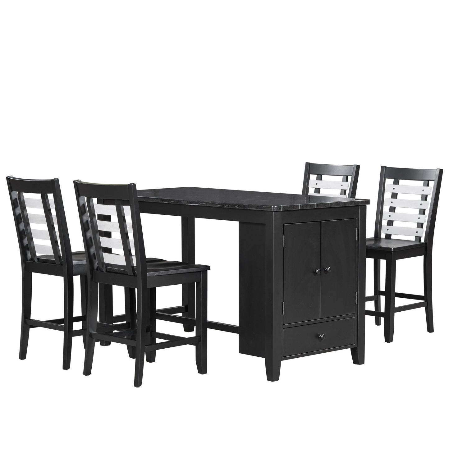 Counter Height 5-piece Dining Table Set with Faux Marble Tabletop, Solid Wood Table Set with Storage Cabinet and Drawer, Black