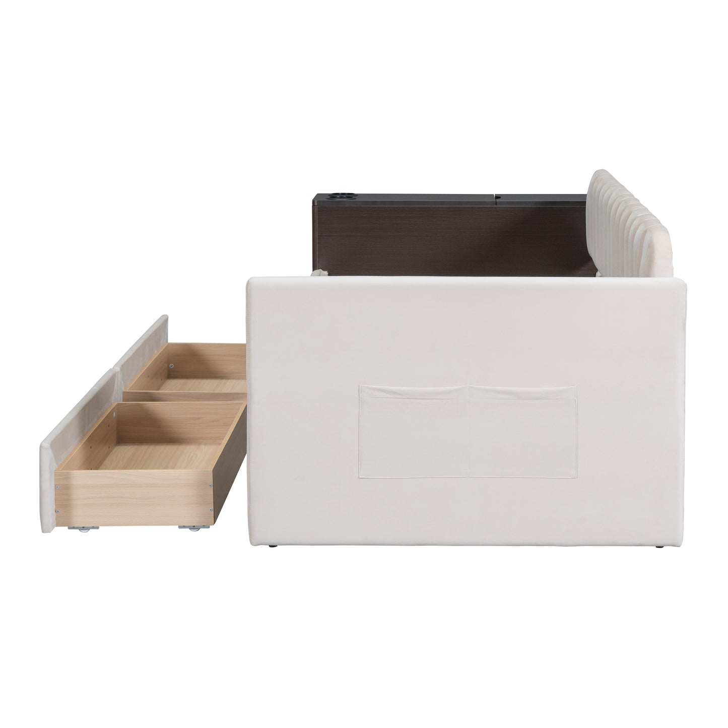 Twin Size Upholstered Daybed with Storage Armrest and 2 Drawers, Multi-functional Daybed with Cup Holder and a set of USB Ports and Sockets, Beige