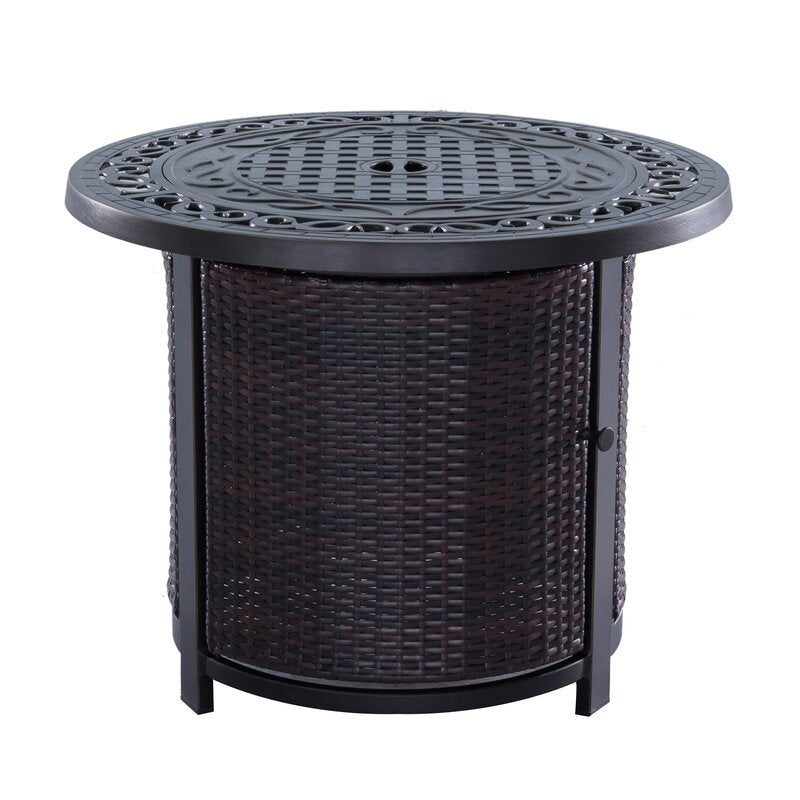 Wicker-Base Round Firepit Table with Glass Fire Beads