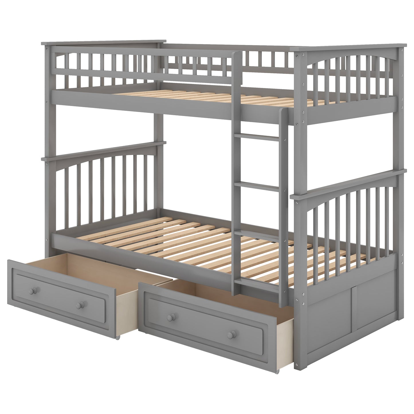 Gray Wood Convertible Bunk Bed with Twin-Over-Twin Beds and Drawers