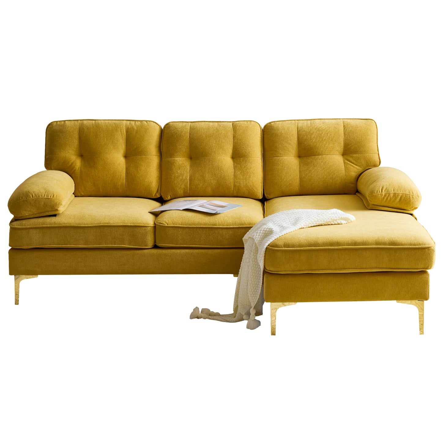 Modern Yellow Velvet L-Shaped Sectional Sofa for Living Room or Bedroom