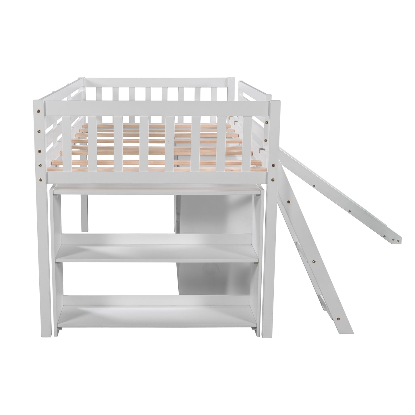 Low Loft Bed with Attached Bookcases and Separate 3-tier Drawers,Convertible Ladder and Slide,Twin,White