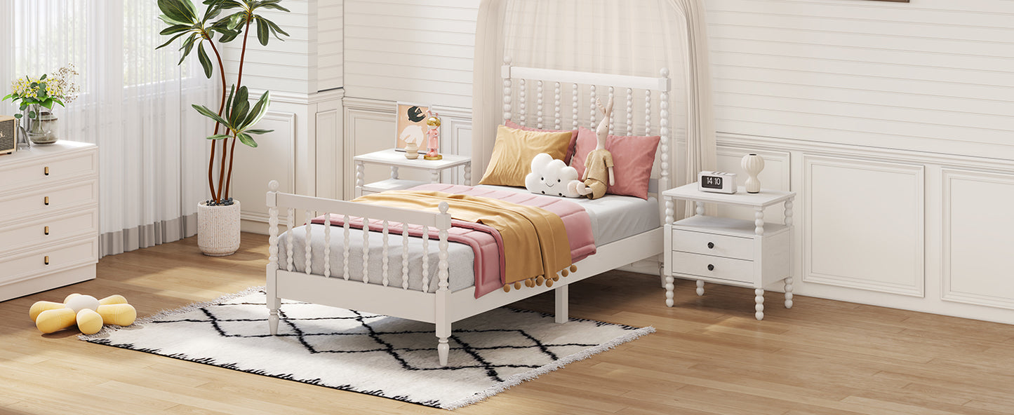 Twin Size Wood Platform Bed with Gourd Shaped Headboard and Footboard, White