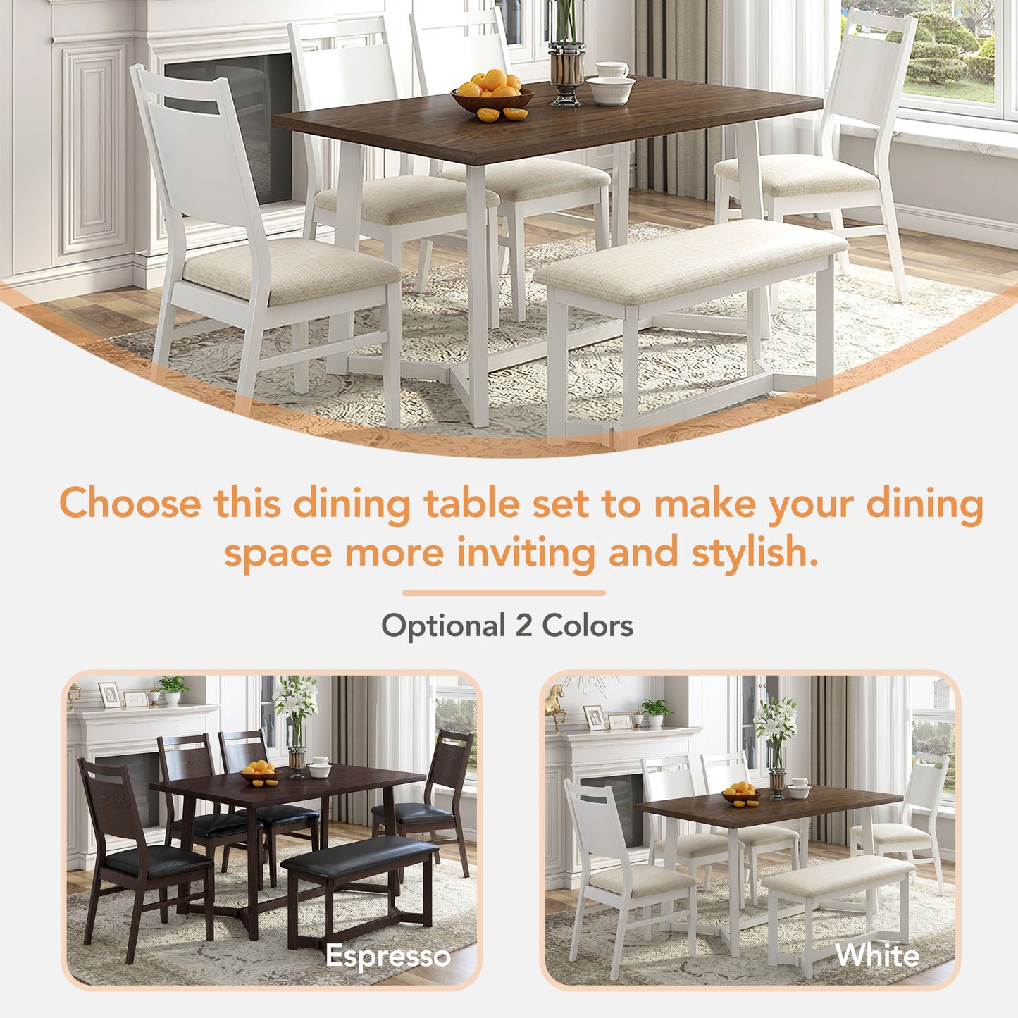 Farmhouse 6-Piece Wood Dining Table Set with 4 Upholstered Chairs and Bench, White