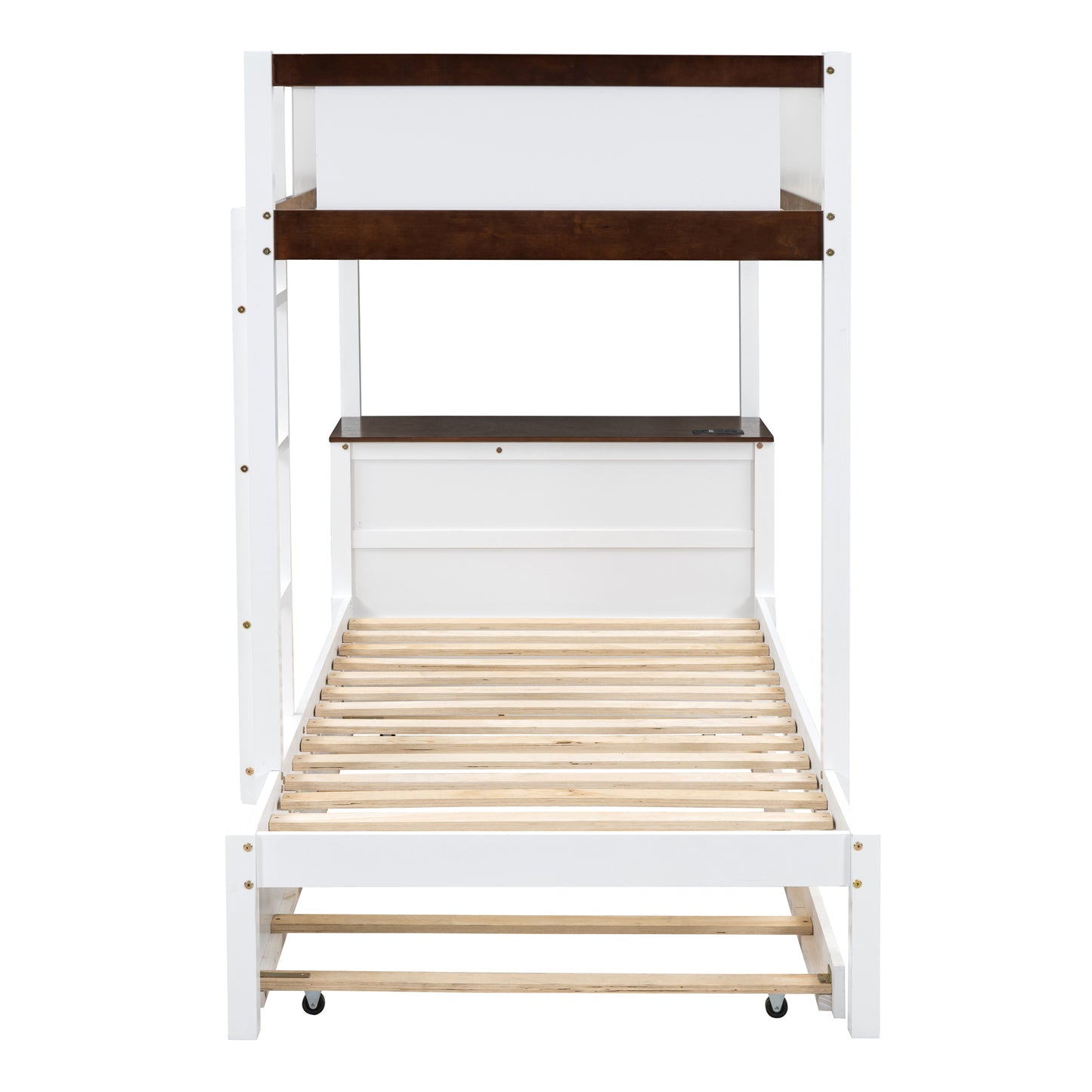 Twin Bunk Bed with Trundle, Storage, Desk, White-Walnut Finish & Maximized Space Storage Solution