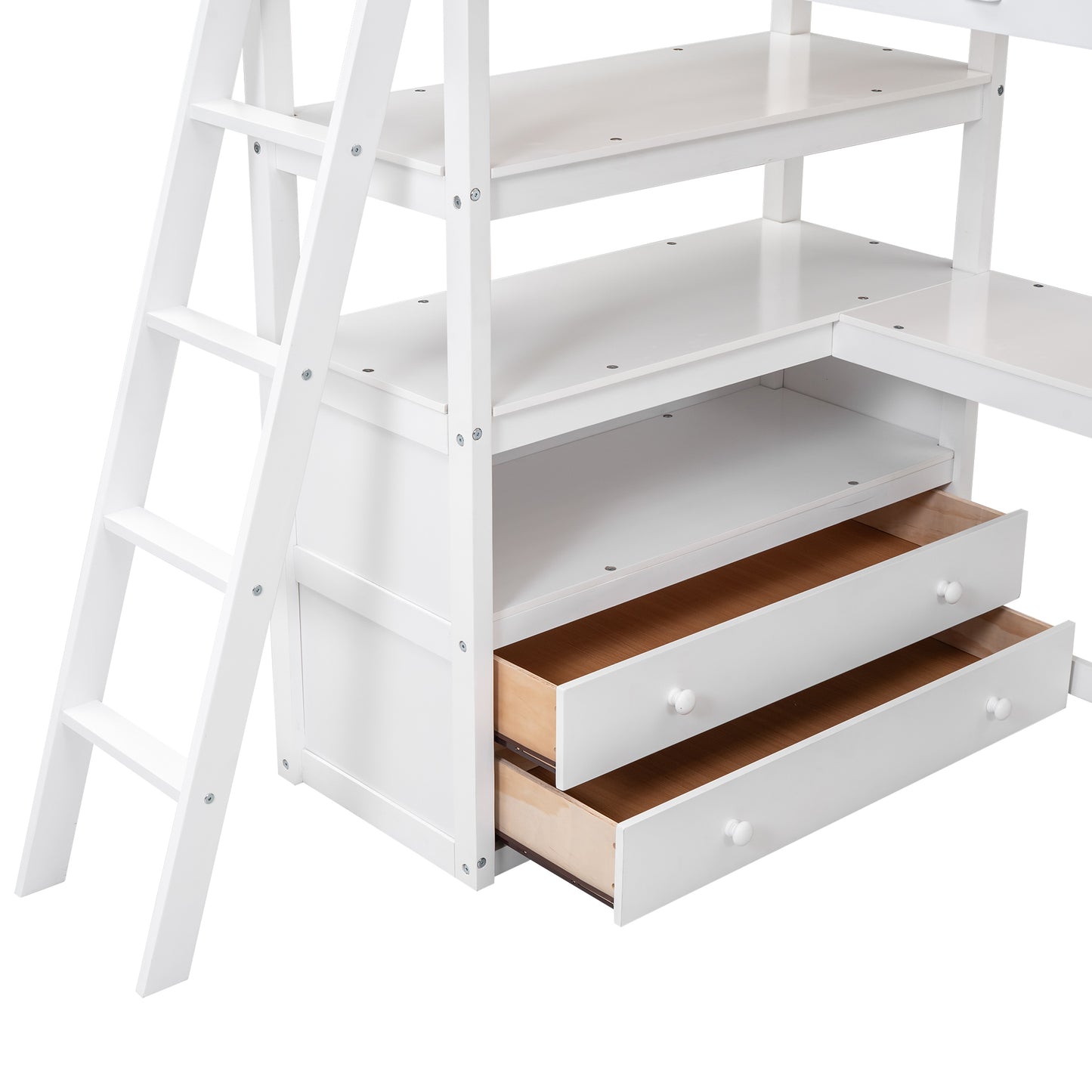 Twin Size Loft Bed with Desk and Shelves, Two Built-in Drawers, White(: GX000423AAK)